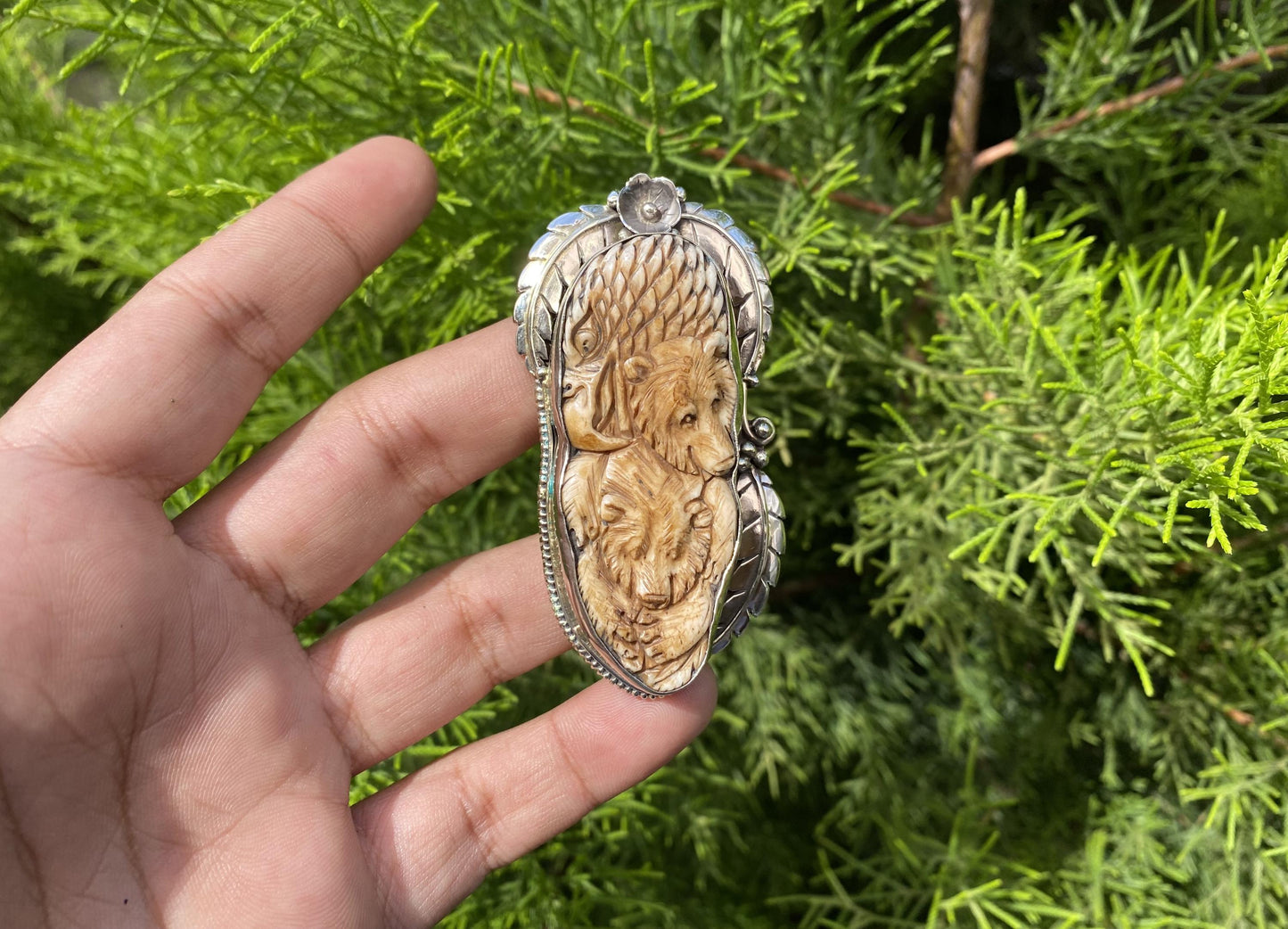 Handcrafted Bear and Wolf Carving Ring, Buffalo bone and Tibetan Silver, Unique Animal Lover Statement Jewelry, Unisex Nature-Inspired Ring