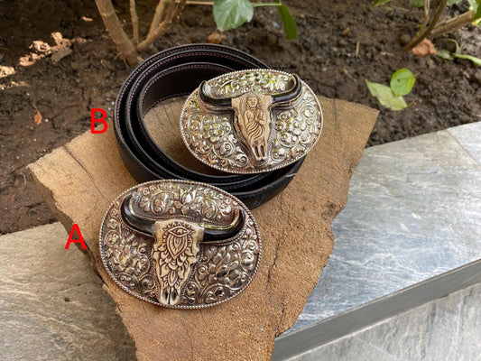 Handcrafted Buffalo Bone Belt Buckle, Buddha/ Floral Carving, Tibetan Silver Floral Design, Vintage Western Buckle, Daily Wear Accessory