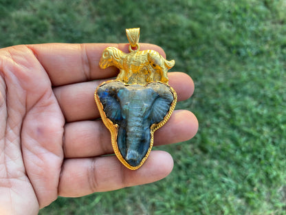 Handcrafted Elephant Head Labradorite Pendant, Non Tarnish Brushed Gold Overlay, Elephant Pendant, Animal Pendant, Unique Carving Jewelry
