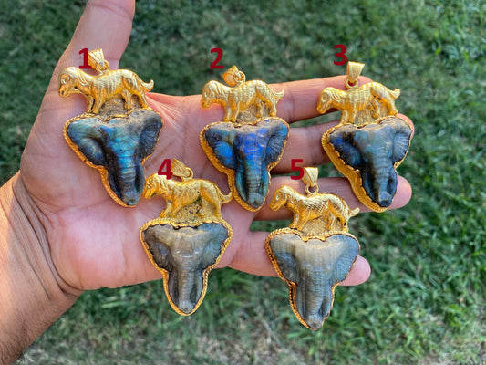 Handcrafted Elephant Head Labradorite Pendant, Non Tarnish Brushed Gold Overlay, Elephant Pendant, Animal Pendant, Unique Carving Jewelry