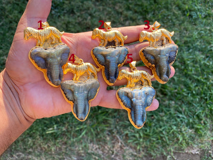 Handcrafted Elephant Head Labradorite Pendant, Non Tarnish Brushed Gold Overlay, Elephant Pendant, Animal Pendant, Unique Carving Jewelry