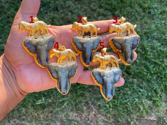 Handcrafted Elephant Head Labradorite Pendant, Non Tarnish Brushed Gold Overlay, Elephant Pendant, Animal Pendant, Unique Carving Jewelry