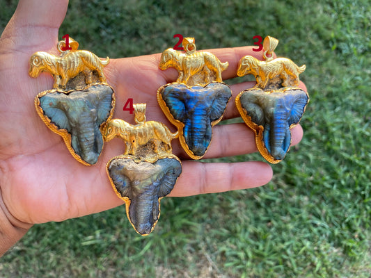 Handcrafted Elephant Head Labradorite Pendant, Non Tarnish Brushed Gold Overlay, Elephant Pendant, Animal Pendant, Unique Carving Jewelry