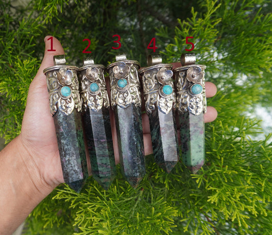 Handcrafted Natural African Ruby Zoisite Pendant with Turquoise Highlights for Daily Wear, Natural Gemstone Pendant, Pointed pendant
