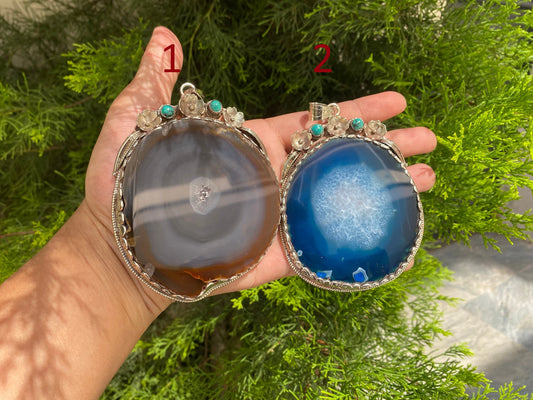 Handcrafted Natural Agate Pendant with Tibetan Silver in Earthy Brown and Dark Blue Tones, Artisan Natural Agate Stone Pendant.