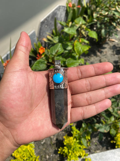 Pointed Labradorite or Prehnite with Turquoise Tibetan Silver Pendent , Handcrafted Pointed Labradorite  and Prehnite for Necklace.