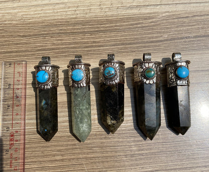 Pointed Labradorite or Prehnite with Turquoise Tibetan Silver Pendent , Handcrafted Pointed Labradorite  and Prehnite for Necklace.