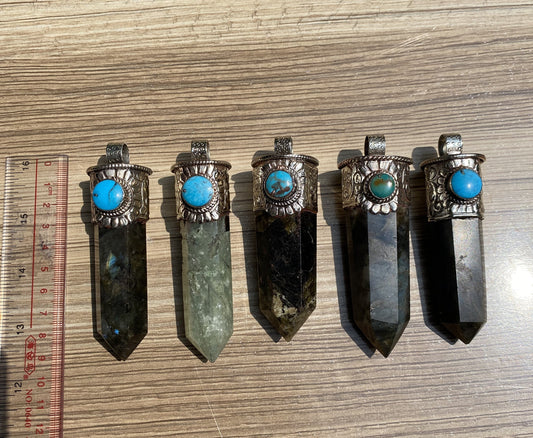 Pointed Labradorite or Prehnite with Turquoise Tibetan Silver Pendent , Handcrafted Pointed Labradorite  and Prehnite for Necklace.