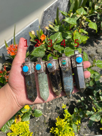 Pointed Labradorite or Prehnite with Turquoise Tibetan Silver Pendent , Handcrafted Pointed Labradorite  and Prehnite for Necklace.