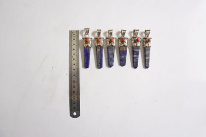 Handcrafted Pointed Lapis Lazuli with Natural Red Coral Pendant | Tibetan Silver Pendant, Natural Gemstone Handmade Jewelry, Jewelry Gift