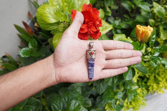 Handcrafted Pointed Lapis Lazuli with Natural Red Coral Pendant | Tibetan Silver Pendant, Natural Gemstone Handmade Jewelry, Jewelry Gift