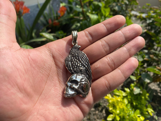 Handcrafted Skull and Eagle Tibetan Silver Pendant, Eagle-Topped Skull Head Tibetan Silver Pendant.
