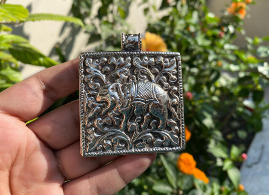 Handcrafted Square Elephant Carving pendant in Tibetan Silver | Intricate Nature-inspired Jewelry, Unique Animal Lover's Pendant, Daily wear