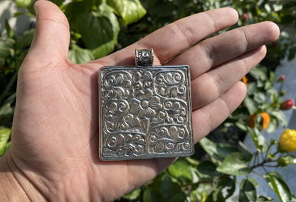 Handcrafted Square Elephant Carving pendant in Tibetan Silver | Intricate Nature-inspired Jewelry, Unique Animal Lover's Pendant, Daily wear