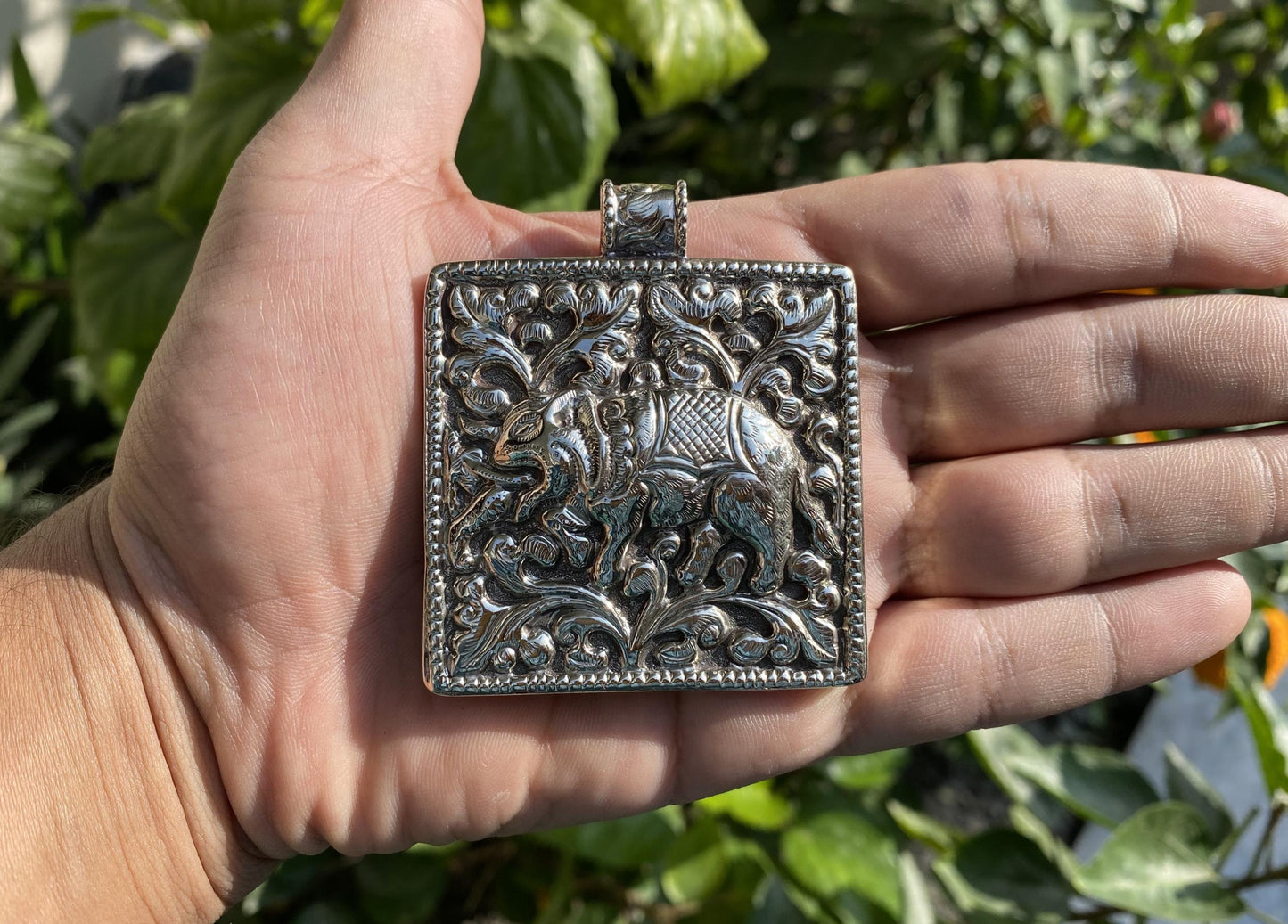 Handcrafted Square Elephant Carving pendant in Tibetan Silver | Intricate Nature-inspired Jewelry, Unique Animal Lover's Pendant, Daily wear