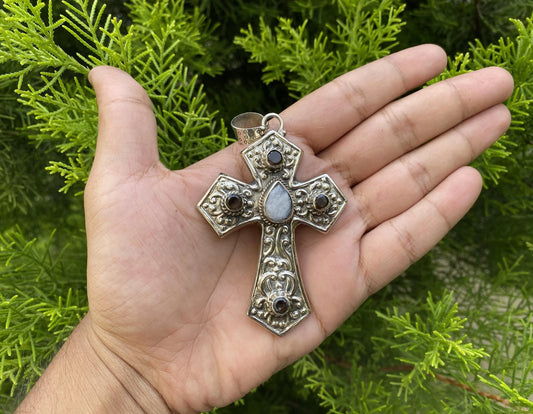 Handcrafted Tibetan Silver Cross Pendant with Moonstone and Smoky Quartz Gemstones | Christian Religious, Catholic Jewelry, Christ Inspired