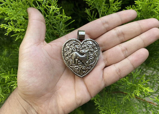 Handcrafted Tibetan Silver Heart Pendant with Carved Deer and Floral Design | Pendant for Necklace, Unique Bohemian Jewelry, Daily wear