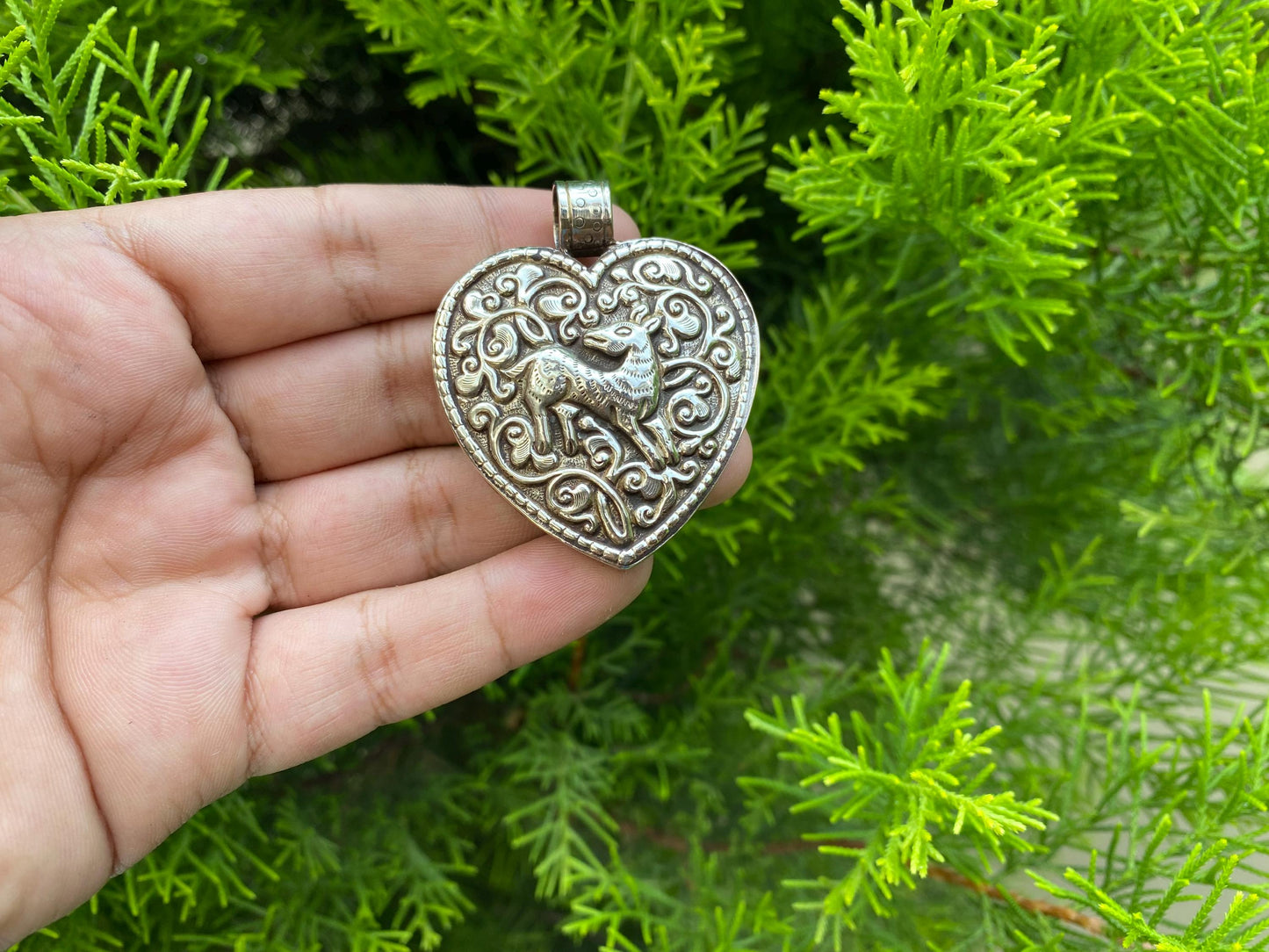 Handcrafted Tibetan Silver Heart Pendant with Carved Deer and Floral Design | Pendant for Necklace, Unique Bohemian Jewelry, Daily wear