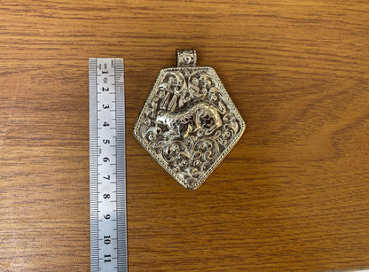 Handcrafted Tibetan Silver Hexagonal Pendant with Carved Rabbit and Floral Design | Unique Healing Amulet for Daily Wear, Bohemian Jewelry