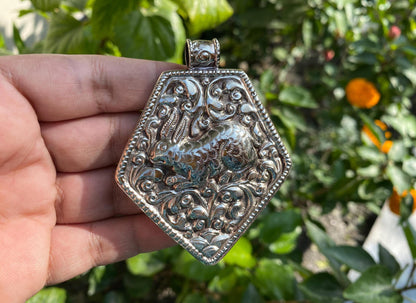 Handcrafted Tibetan Silver Hexagonal Pendant with Carved Rabbit and Floral Design | Unique Healing Amulet for Daily Wear, Bohemian Jewelry