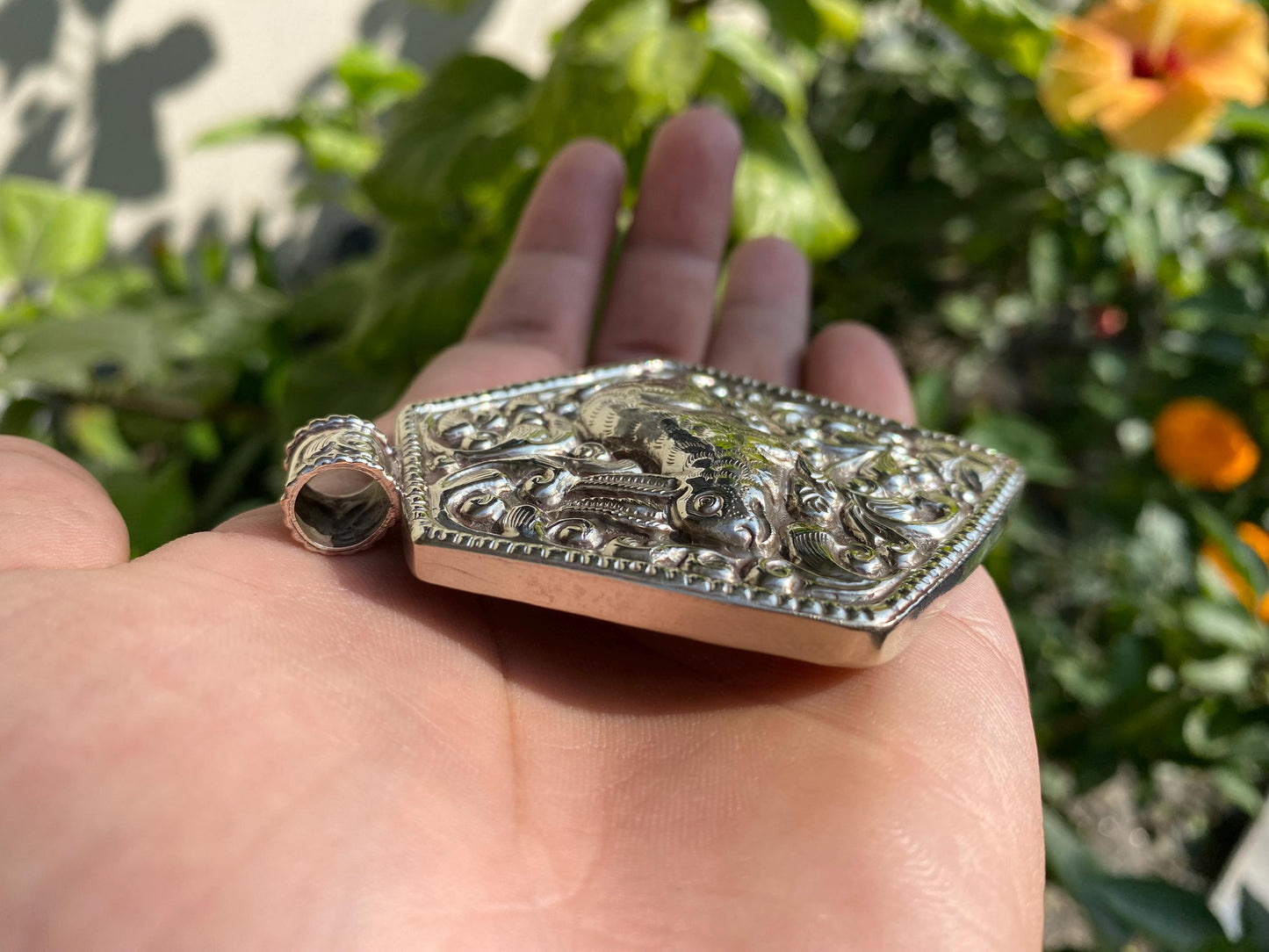 Handcrafted Tibetan Silver Hexagonal Pendant with Carved Rabbit and Floral Design | Unique Healing Amulet for Daily Wear, Bohemian Jewelry