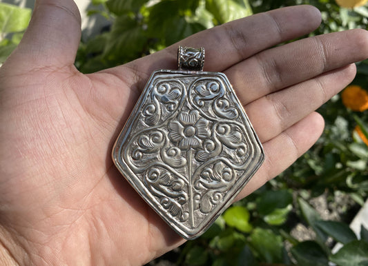 Handcrafted Tibetan Silver Hexagonal Pendant with Carved Rabbit and Floral Design | Unique Healing Amulet for Daily Wear, Bohemian Jewelry