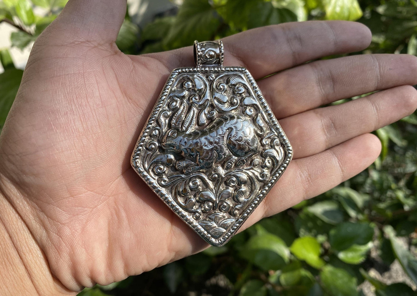 Handcrafted Tibetan Silver Hexagonal Pendant with Carved Rabbit and Floral Design | Unique Healing Amulet for Daily Wear, Bohemian Jewelry