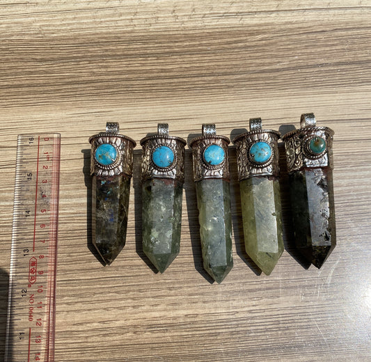 Handcrafted pointed Labradorite and Prehnite, Pointed Labradorite & Prehnite Fusion with Turquoise, Tibetan Silver Pendant