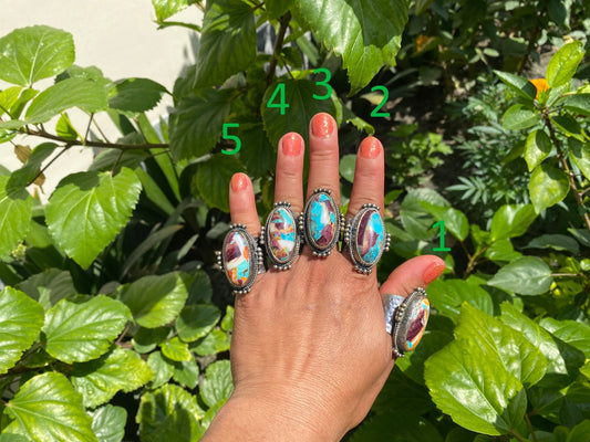 Handmade Adjustable Turquoise with Spiny Oyster Ring, Unique Two-Tone silver overlay brass Chunky Statement Ring, Hammered Bohemian Jewelry