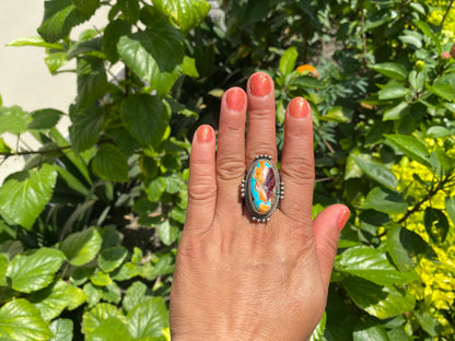 Handmade Adjustable Turquoise with Spiny Oyster Ring, Unique Two-Tone silver overlay brass Chunky Statement Ring, Hammered Bohemian Jewelry