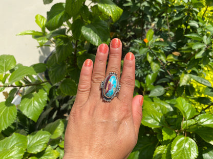 Handmade Adjustable Turquoise with Spiny Oyster Ring, Unique Two-Tone silver overlay brass Chunky Statement Ring, Hammered Bohemian Jewelry