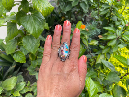 Handmade Adjustable Turquoise with Spiny Oyster Ring, Unique Two-Tone silver overlay brass Chunky Statement Ring, Hammered Bohemian Jewelry
