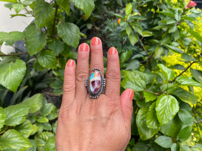 Handmade Adjustable Turquoise with Spiny Oyster Ring, Unique Two-Tone silver overlay brass Chunky Statement Ring, Hammered Bohemian Jewelry
