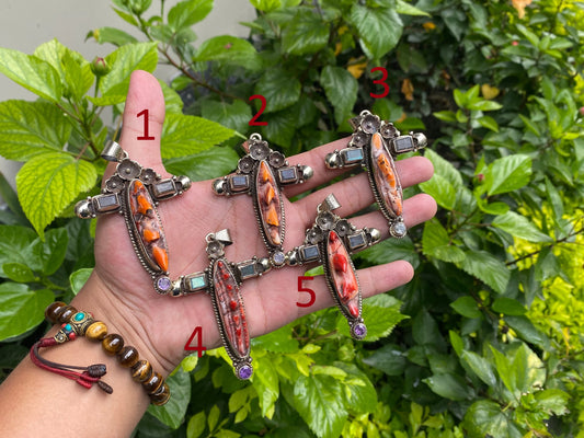 Handmade Boho Pendant - Spiny Orange Oyster & Tibetan Silver Cross, Unique Cross Pendant, Unisex Pendant, Daily wear Durable pendant.
