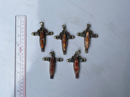 Handmade Boho Pendant - Spiny Orange Oyster & Tibetan Silver Cross, Unique Cross Pendant, Unisex Pendant, Daily wear Durable pendant.