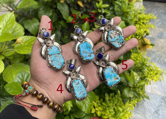 Handmade Nepalese Pendant: Turquoise, Lapis, and Floral Tibetan Silver, Timeless Unisex Turquoise and Lapis Pendant , Bohemian fashion.