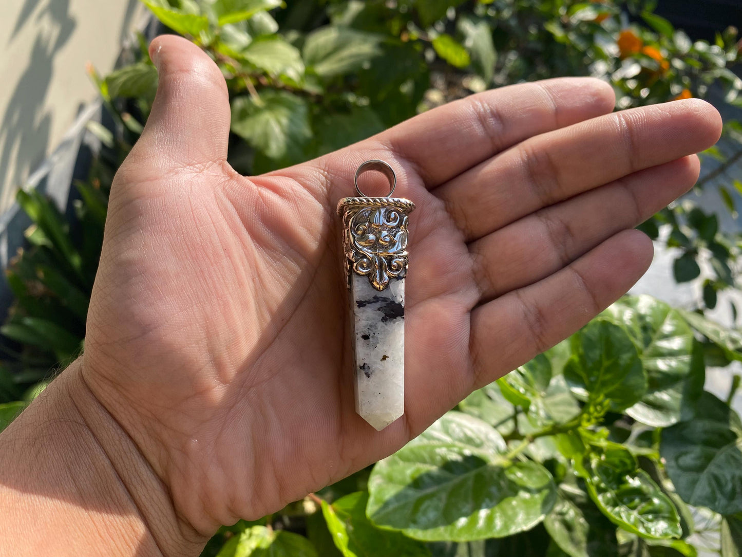 Handmade Pointed Moonstone Pendant in Tibetan Silver | Natural Stone Bohemian Jewelry, Unisex Healing Moonstone Pendant for Necklace
