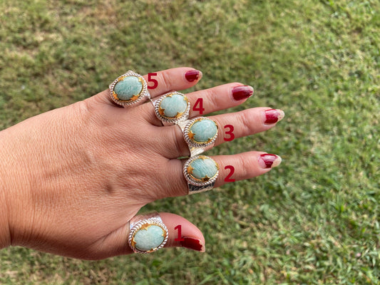 Adjustable Amazonite Natural Stone Two Tone Ring, Gold and Silver Overlay, Handmade Ring, Women Jewelry, Bohemian Jewelry, Energy Stone Ring