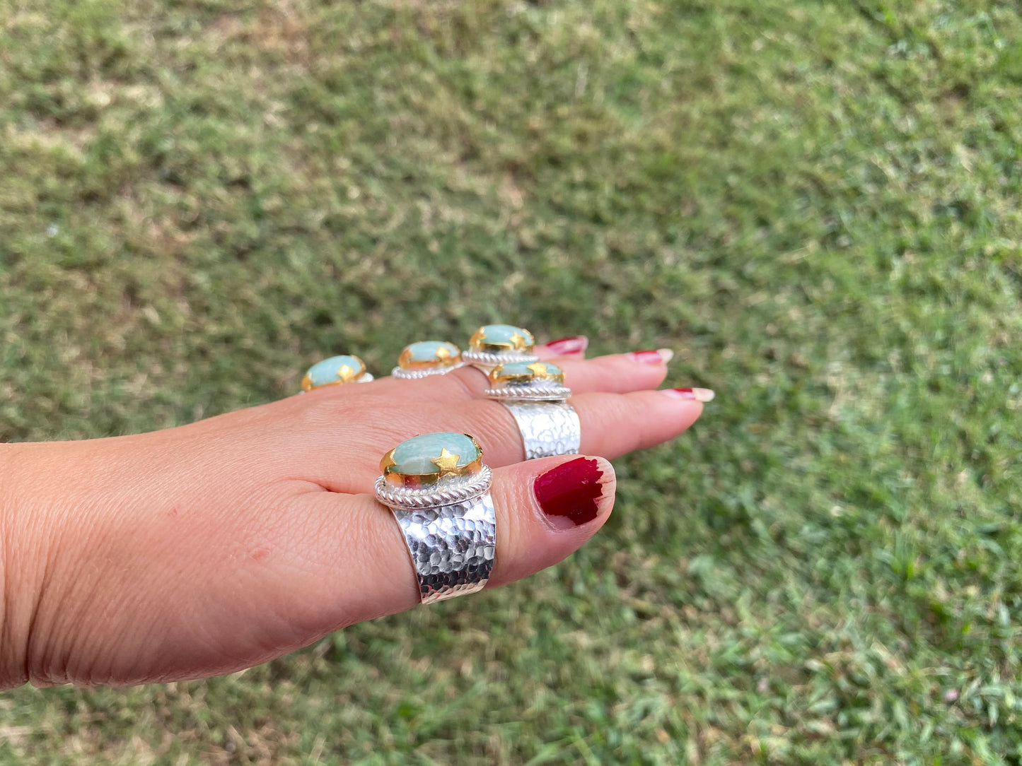 Adjustable Amazonite Natural Stone Two Tone Ring, Gold and Silver Overlay, Handmade Ring, Women Jewelry, Bohemian Jewelry, Energy Stone Ring