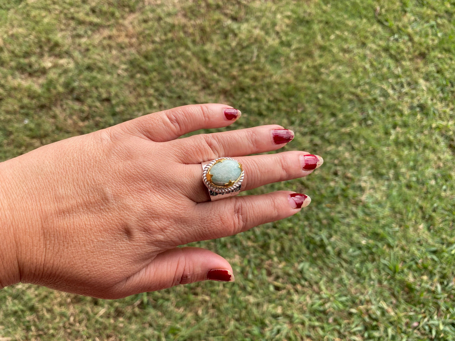 Adjustable Amazonite Natural Stone Two Tone Ring, Gold and Silver Overlay, Handmade Ring, Women Jewelry, Bohemian Jewelry, Energy Stone Ring