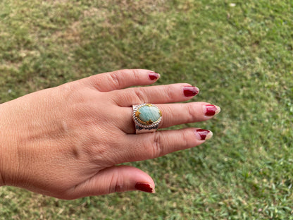 Adjustable Amazonite Natural Stone Two Tone Ring, Gold and Silver Overlay, Handmade Ring, Women Jewelry, Bohemian Jewelry, Energy Stone Ring