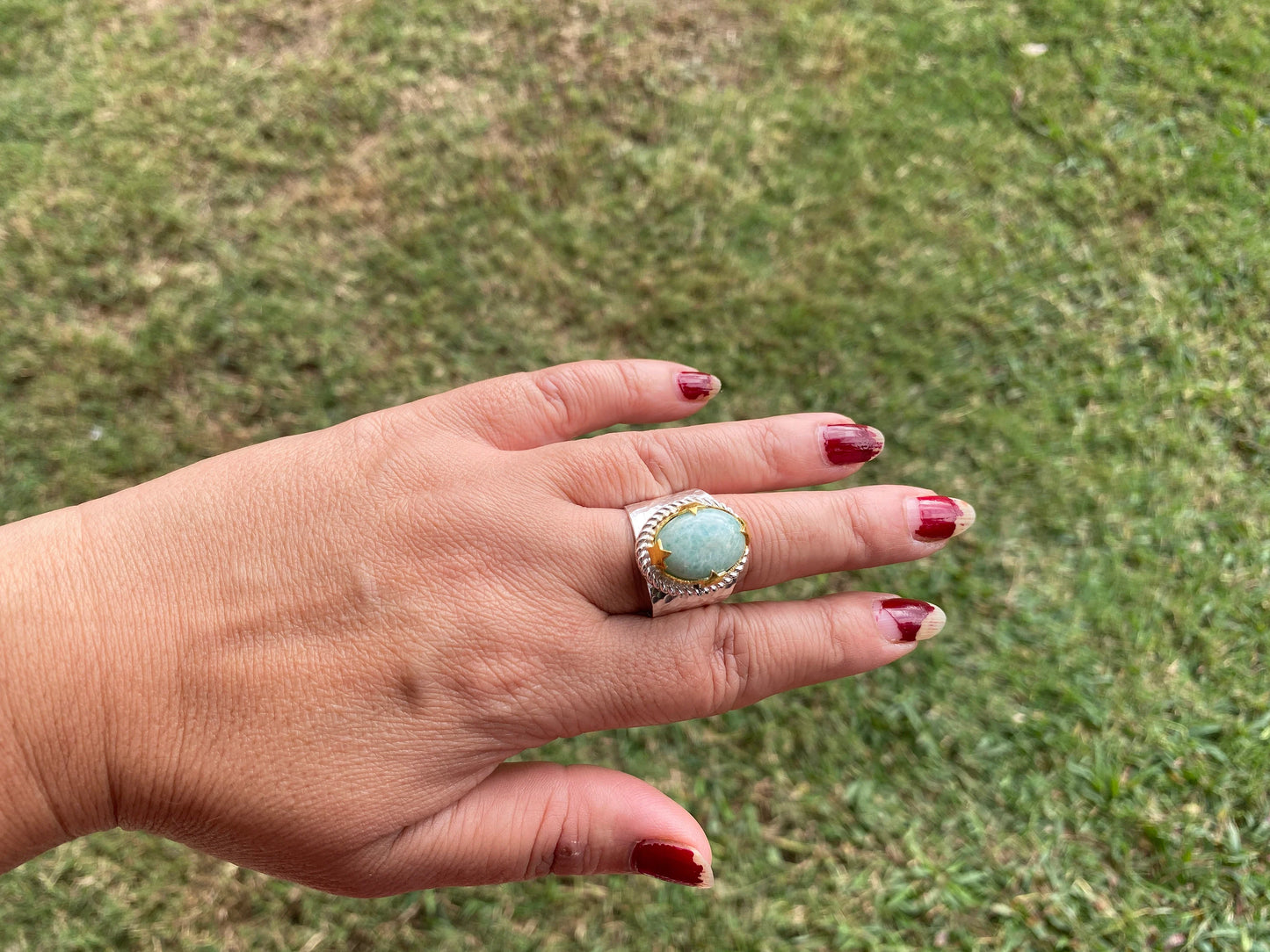 Adjustable Amazonite Natural Stone Two Tone Ring, Gold and Silver Overlay, Handmade Ring, Women Jewelry, Bohemian Jewelry, Energy Stone Ring