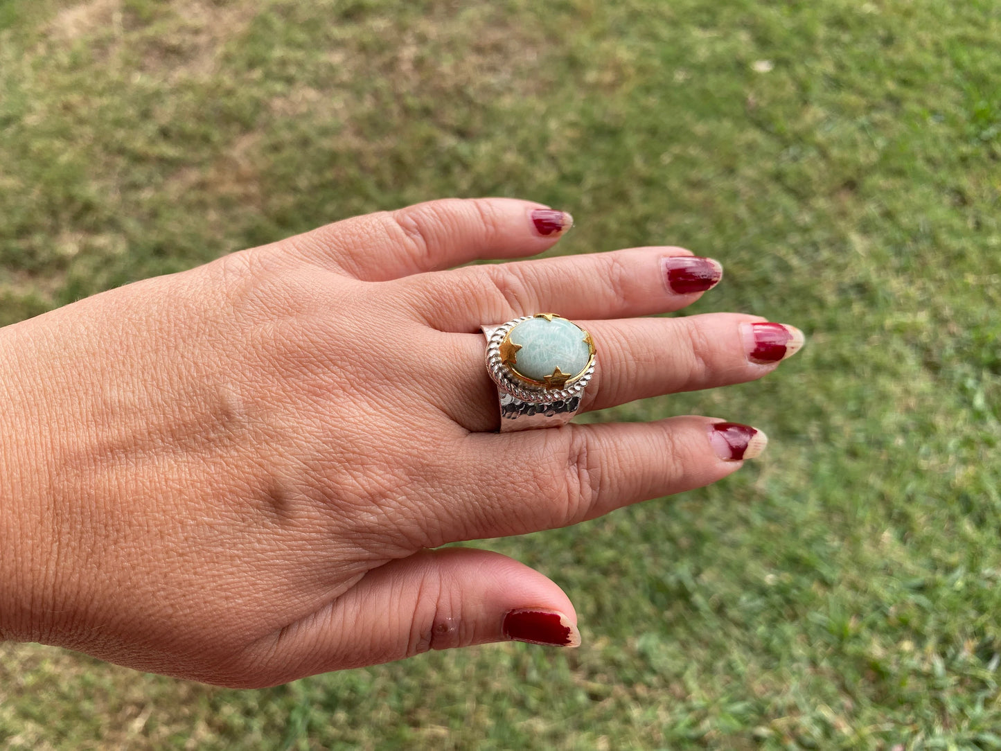 Adjustable Amazonite Natural Stone Two Tone Ring, Gold and Silver Overlay, Handmade Ring, Women Jewelry, Bohemian Jewelry, Energy Stone Ring