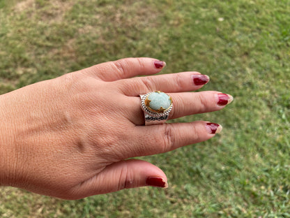 Adjustable Amazonite Natural Stone Two Tone Ring, Gold and Silver Overlay, Handmade Ring, Women Jewelry, Bohemian Jewelry, Energy Stone Ring