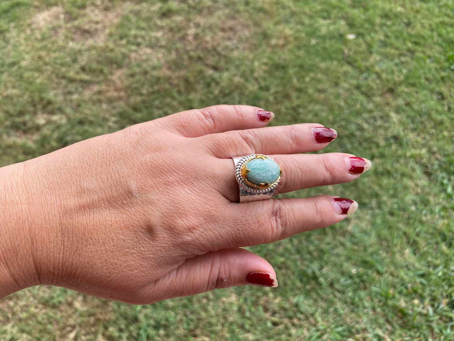 Adjustable Amazonite Natural Stone Two Tone Ring, Gold and Silver Overlay, Handmade Ring, Women Jewelry, Bohemian Jewelry, Energy Stone Ring