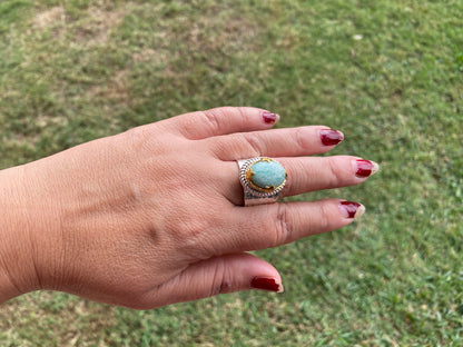 Adjustable Amazonite Natural Stone Two Tone Ring, Gold and Silver Overlay, Handmade Ring, Women Jewelry, Bohemian Jewelry, Energy Stone Ring
