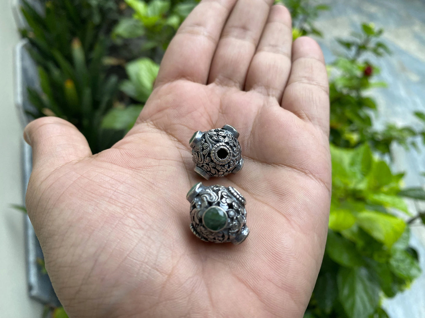 Handmade Round Shape Tibetan Copper Spacer Beads with Emerald Inlay | Ethnic Mala Beads for Necklace, Bracelet Charm, Unique Jewelry Beads