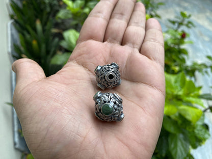 Handmade Round Shape Tibetan Copper Spacer Beads with Emerald Inlay | Ethnic Mala Beads for Necklace, Bracelet Charm, Unique Jewelry Beads
