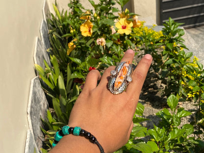 Nature's Embrace: Handmade Spiny Oyster Shell Silver Ring, Hammered Ring, Adjustable ring
