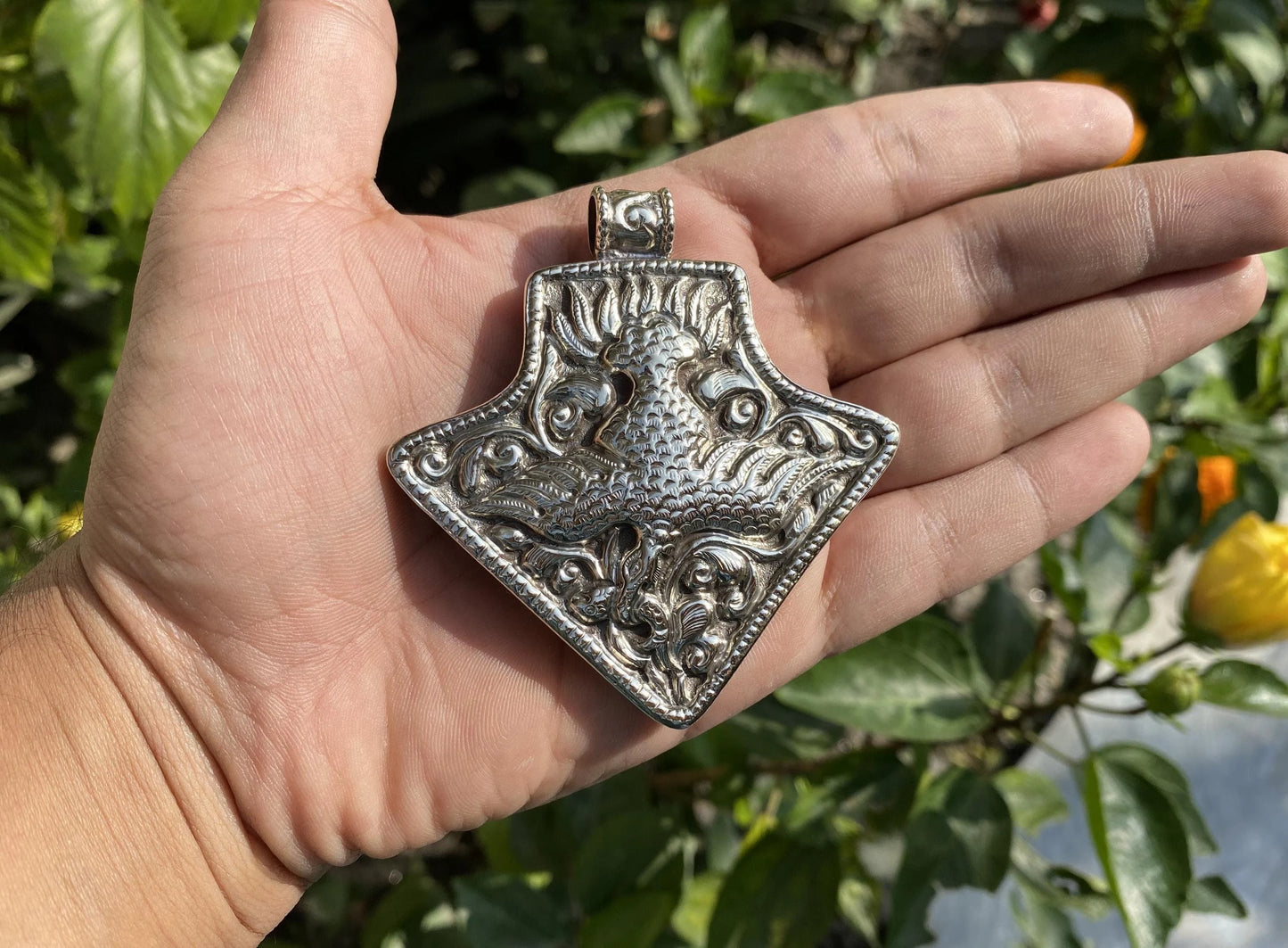 Handmade Tibetan Silver Pendant with Carved Phoenix and Fish | Symbol of Renewal and Strength, Unisex Artisan Jewelry, Bohemian Daily Wear